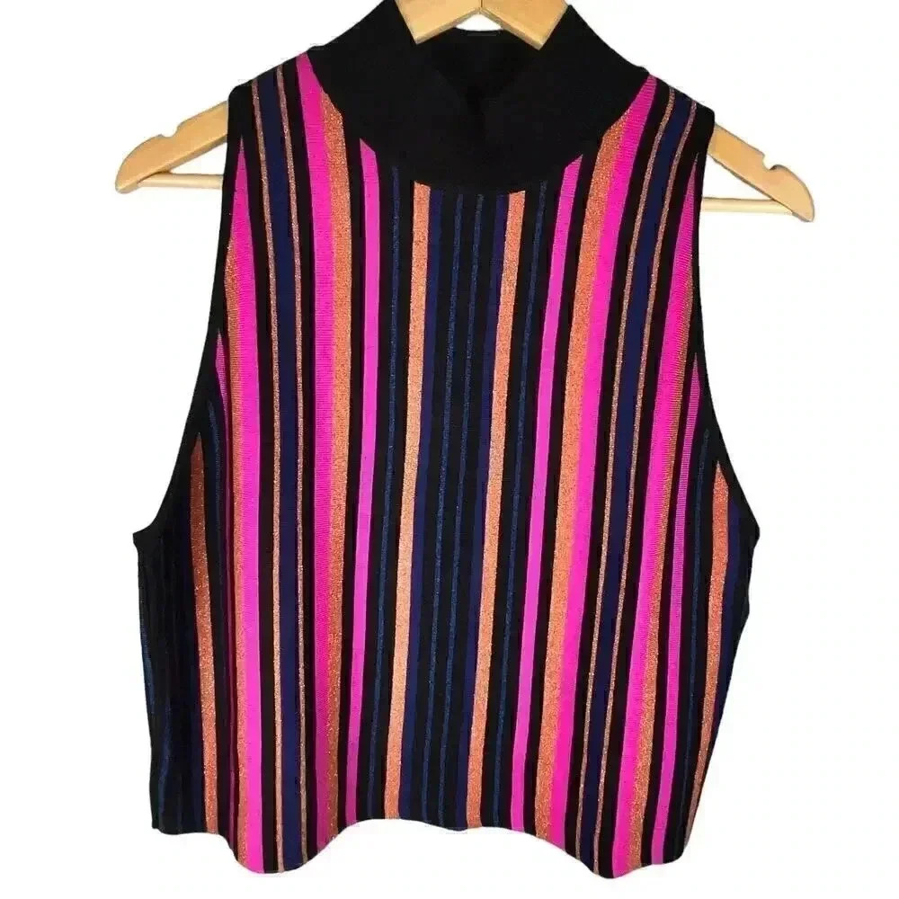 Bar III‎ NWT Women’s Multicolor Striped Metallic Sleeves Top XL